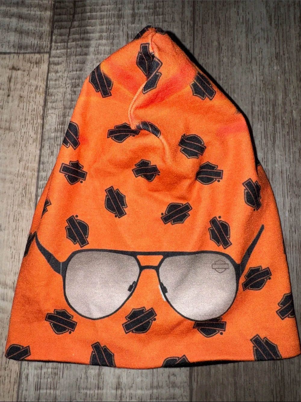 HARLEY DAVIDSON Orange Beanie Hat with Sunglasses Print-OS